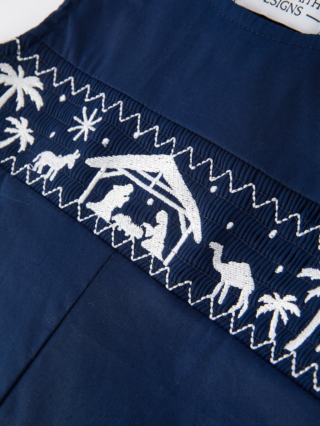 Christmas Navy Blue Nativity Smocking Embroidered Baby Boy Romper
