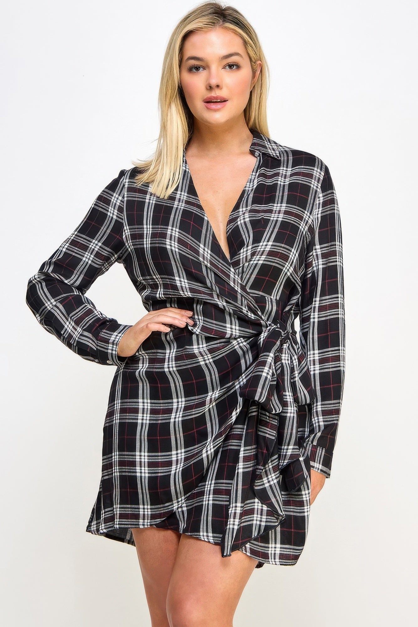 Long Sleeve Plaid Side Tie Dress