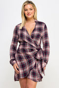 Long Sleeve Plaid Side Tie Dress
