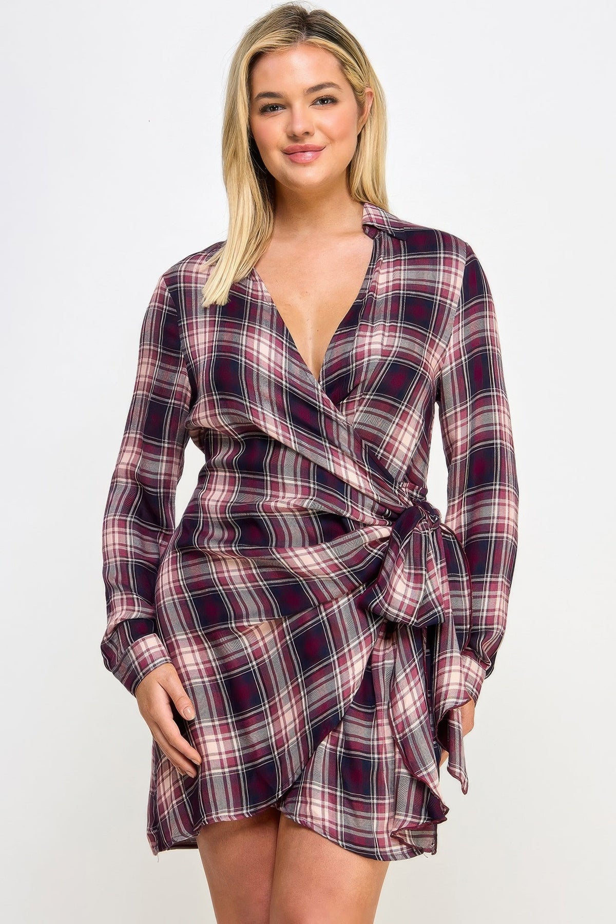 Long Sleeve Plaid Side Tie Dress