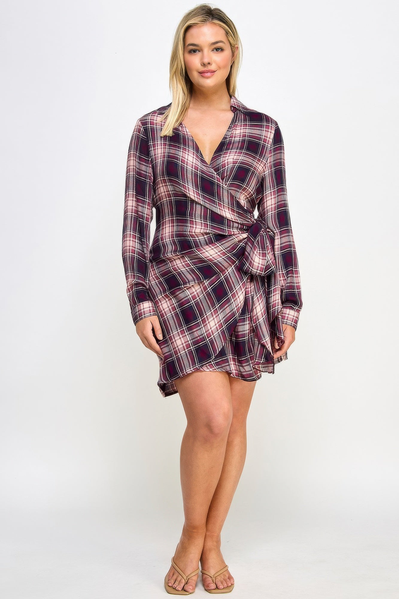 Long Sleeve Plaid Side Tie Dress