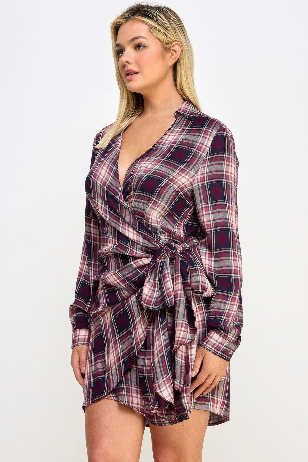 Long Sleeve Plaid Side Tie Dress