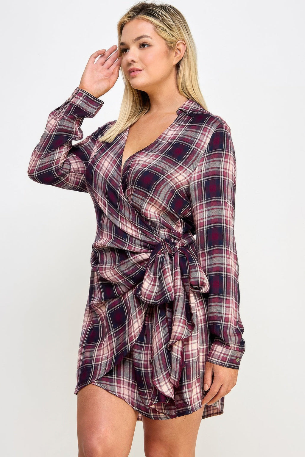 Long Sleeve Plaid Side Tie Dress