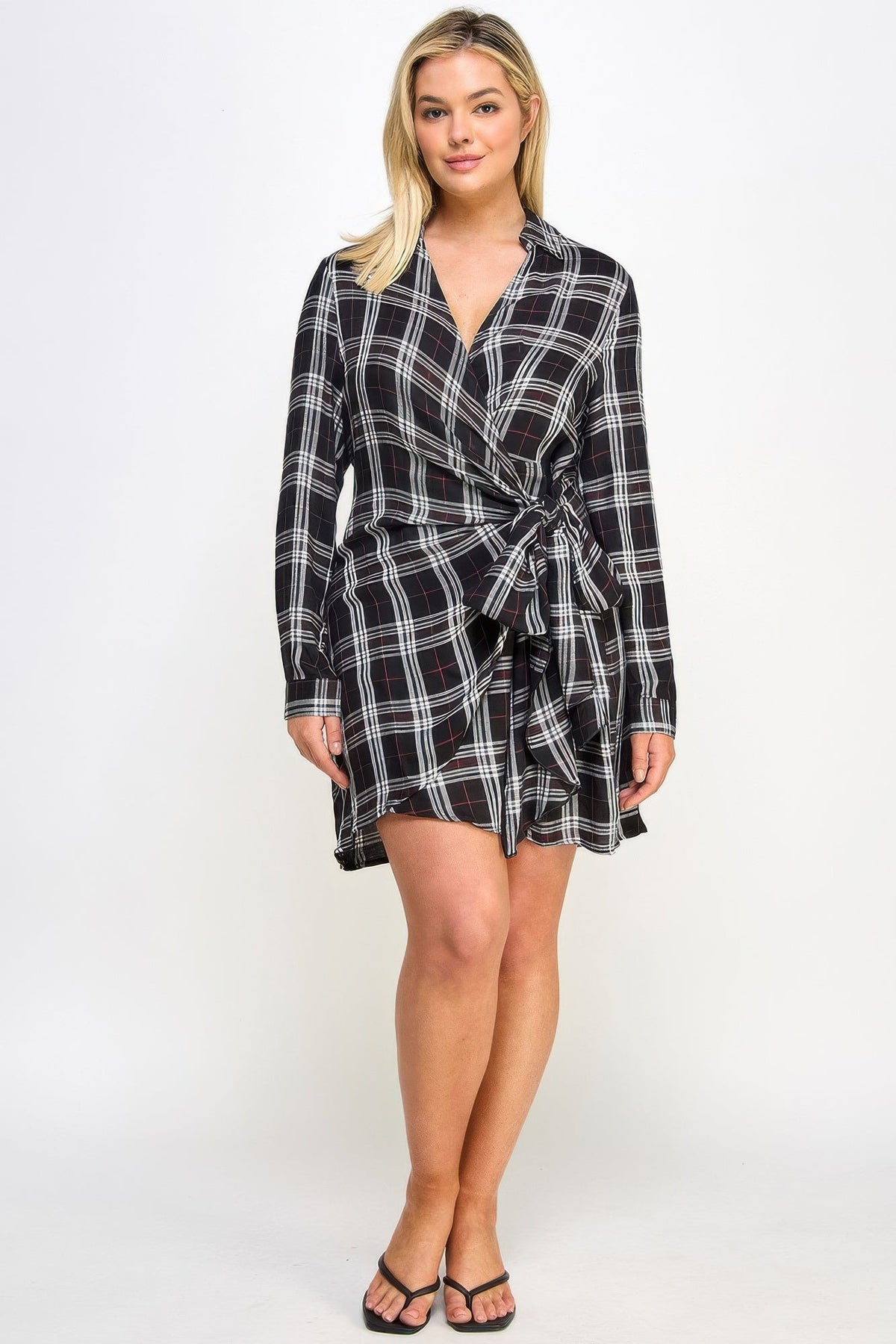 Long Sleeve Plaid Side Tie Dress
