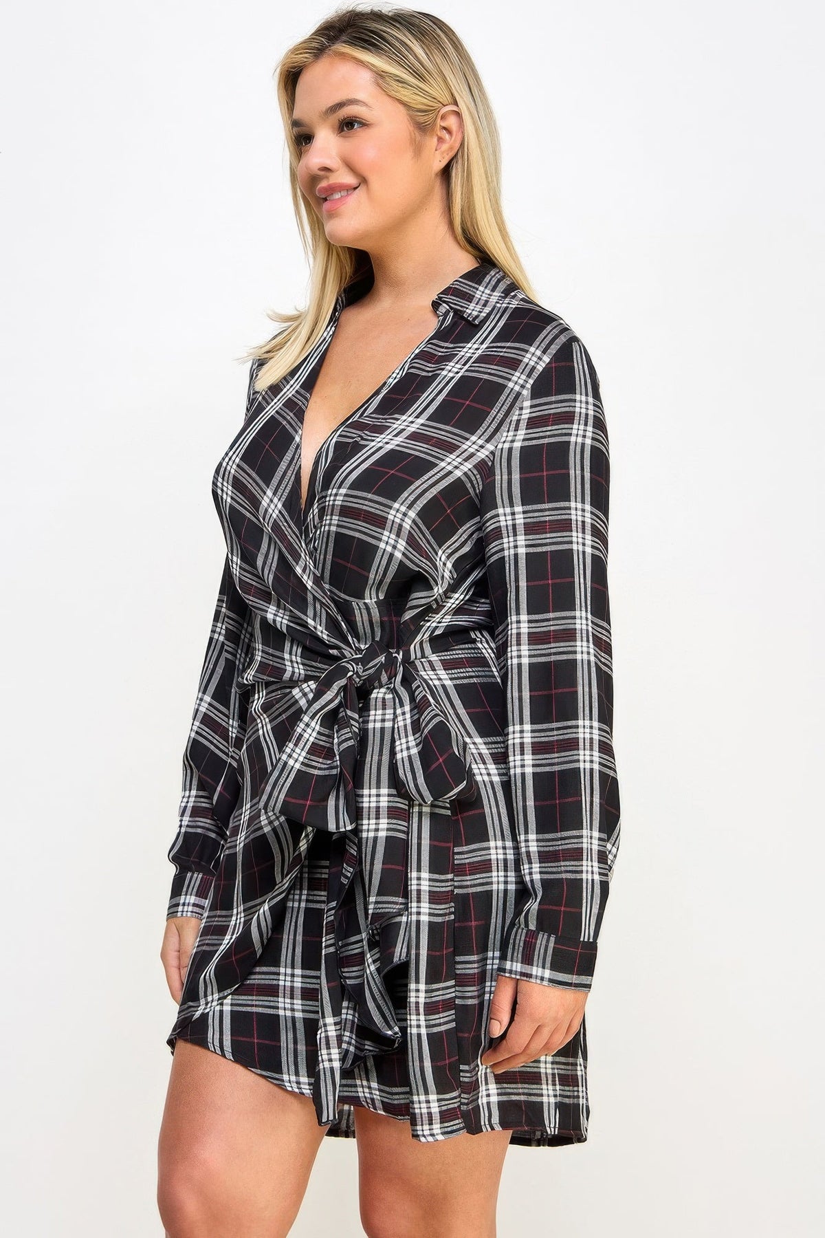 Long Sleeve Plaid Side Tie Dress