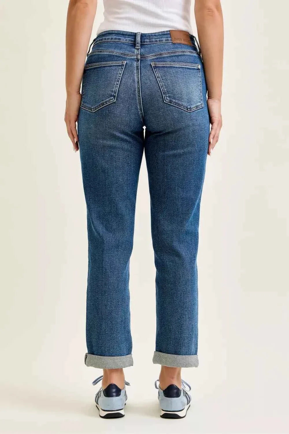 Medium Wash Mid Rise Boyfriend Embroidered Repair Patch Jeans by Judy Blue