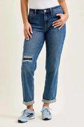 Medium Wash Mid Rise Boyfriend Embroidered Repair Patch Jeans by Judy Blue