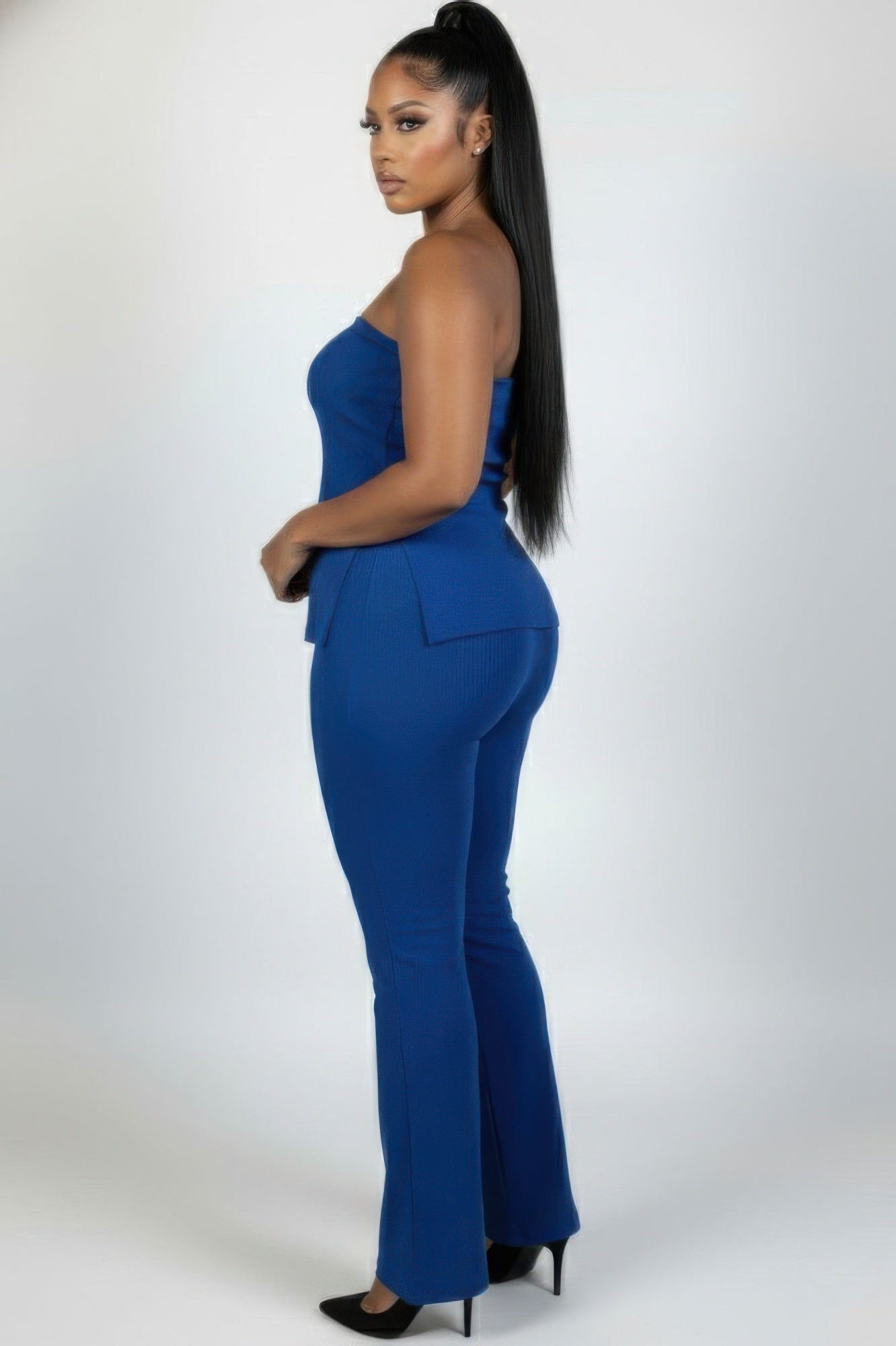 Ultra-fine Ribbed Slit Tube Top & High-waist Flare Pants Set