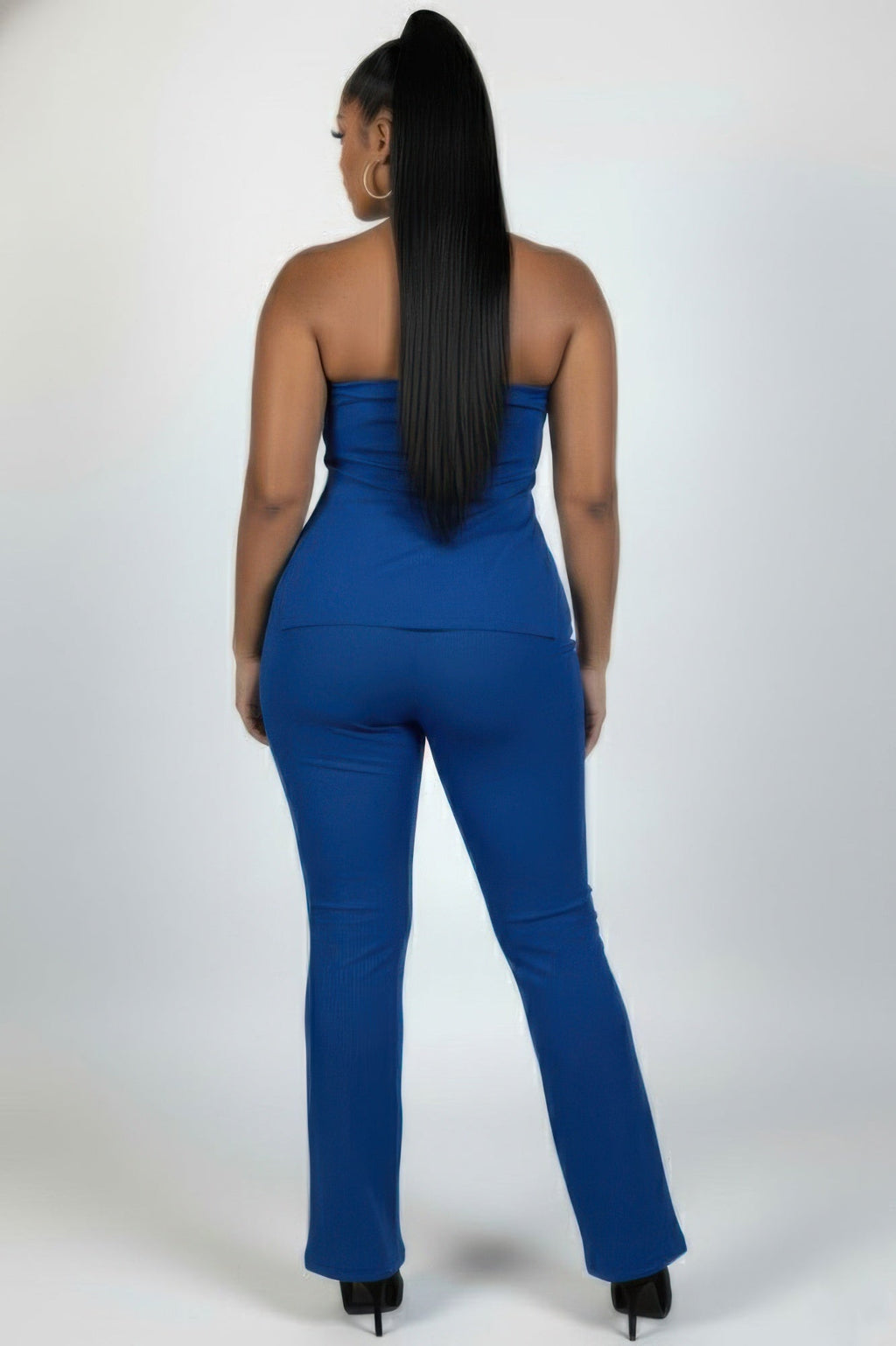 Ultra-fine Ribbed Slit Tube Top & High-waist Flare Pants Set