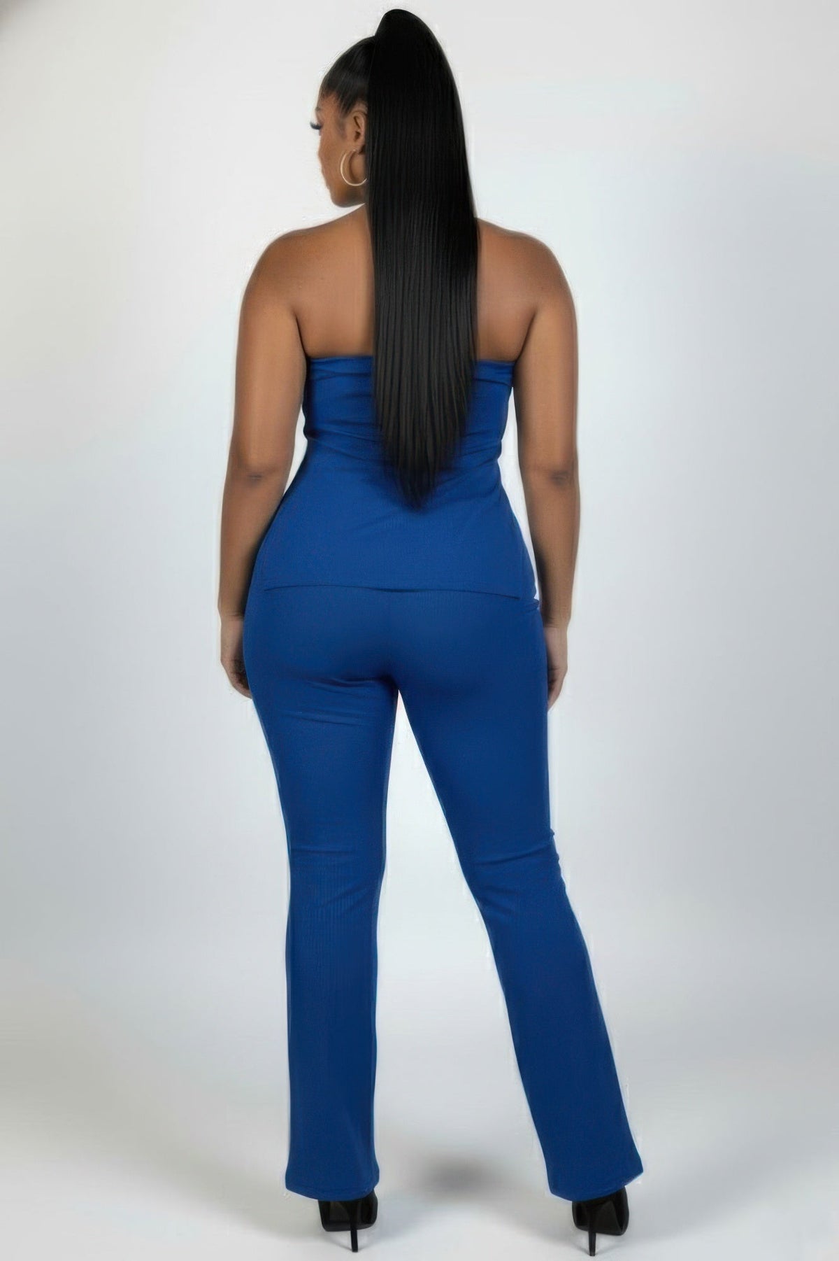 Ultra-fine Ribbed Slit Tube Top & High-waist Flare Pants Set
