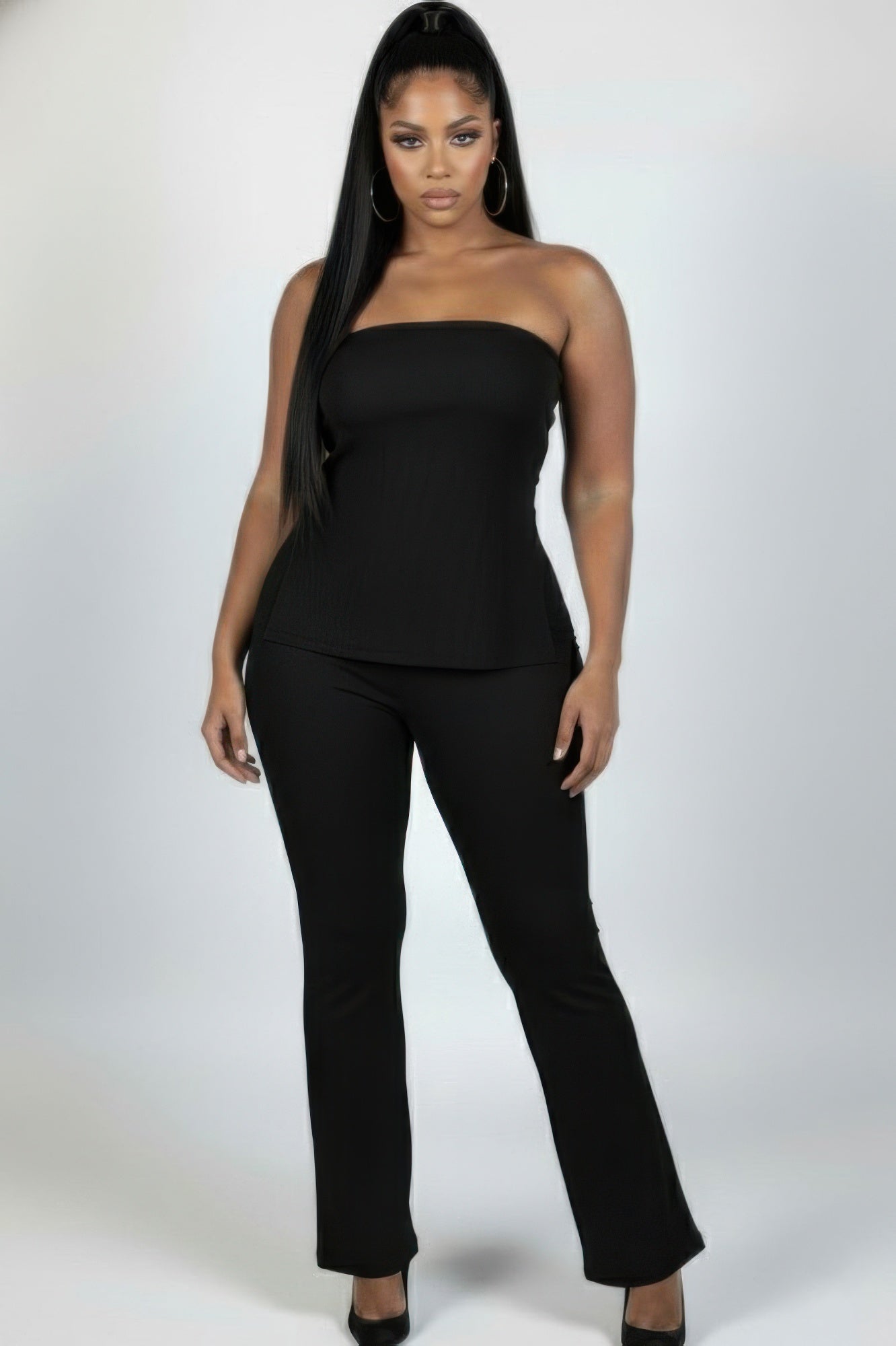Ultra-fine Ribbed Slit Tube Top & High-waist Flare Pants Set
