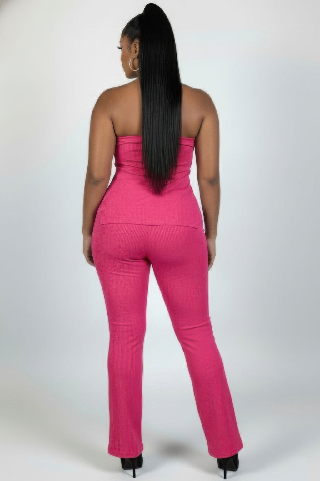 Ultra-fine Ribbed Slit Tube Top & High-waist Flare Pants Set