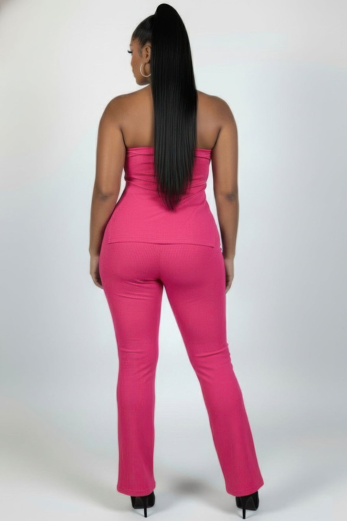 Ultra-fine Ribbed Slit Tube Top & High-waist Flare Pants Set