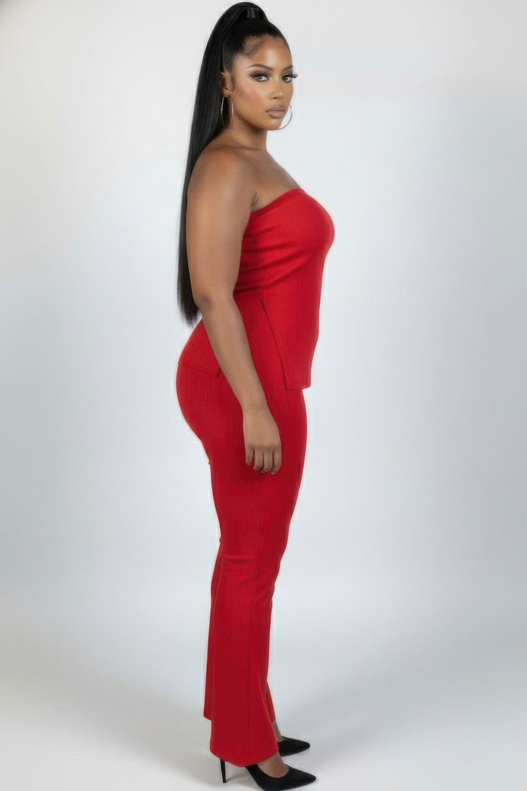 Ultra-fine Ribbed Slit Tube Top & High-waist Flare Pants Set