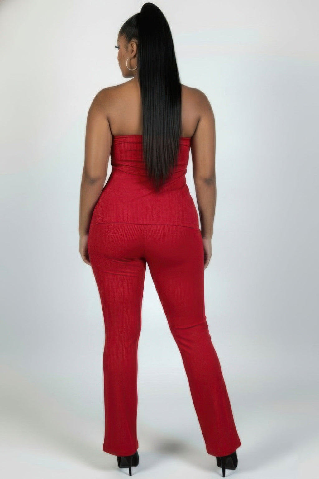 Ultra-fine Ribbed Slit Tube Top & High-waist Flare Pants Set