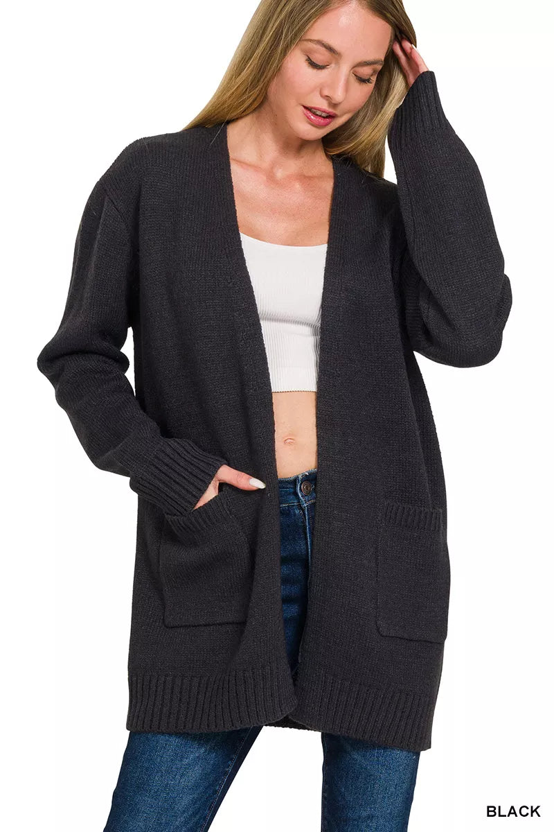 Black Open Front Sweater Cardigan with Pockets by Zenana