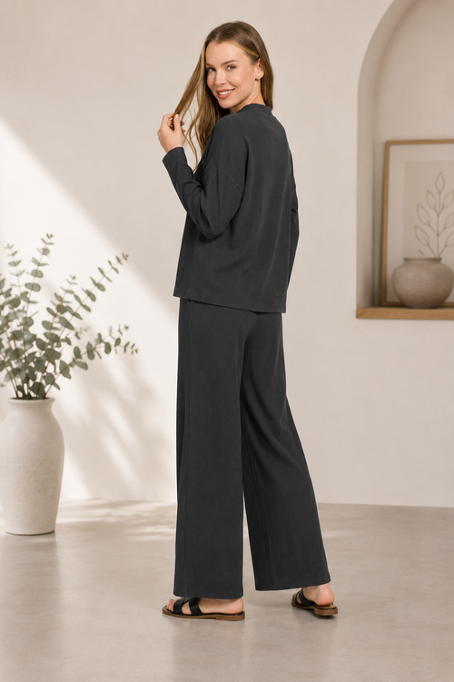 Black Ribbed Viscose Sweater & Wide Leg Pant Set by Zenana