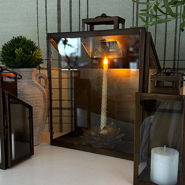 Rustic Bronze Tempered Glass Lanterns, Set of Three